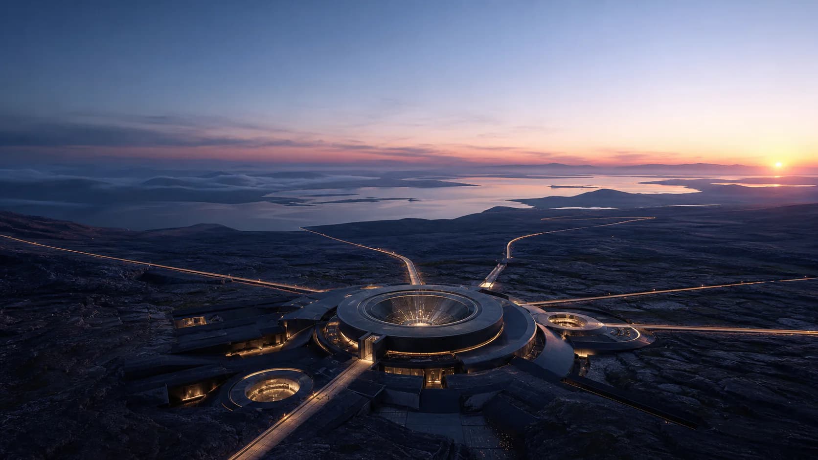 The observatory at dawn with several distinct illuminated paths