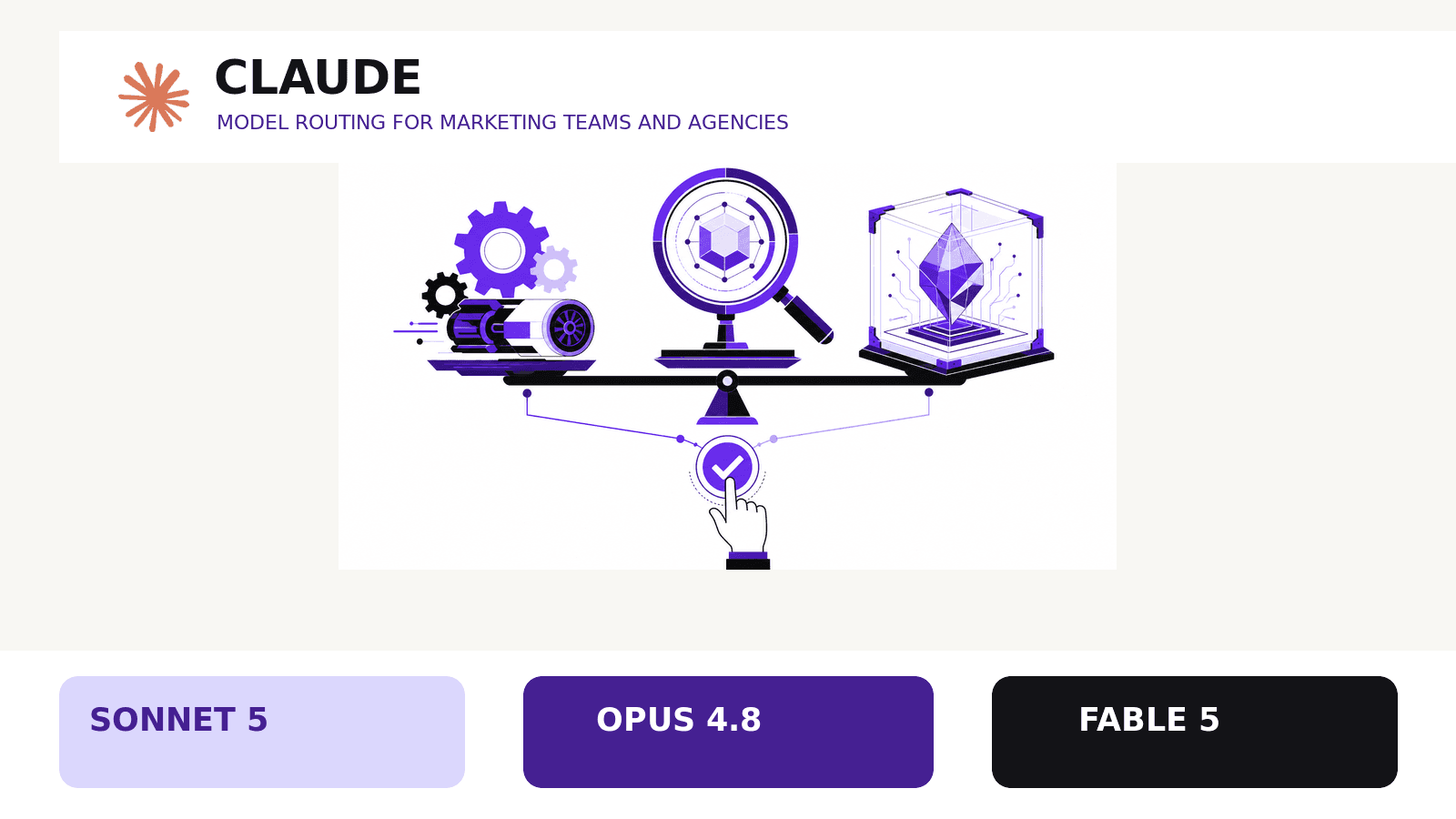 Three distinct abstract intelligence tools represent an efficient everyday engine, a deep-review lens and a protected high-capability system, all leading to a human-approved decision
